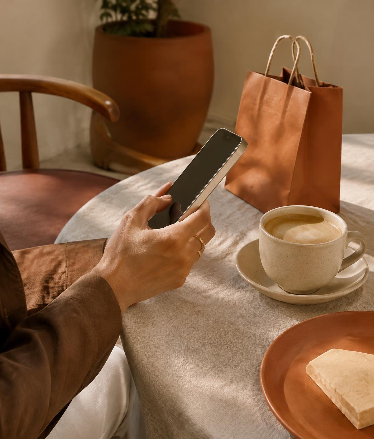 Hand holding a phone at a café table beside a coffee and shopping bag